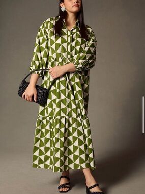 Maeve Bettina Tiered Shirt Dress | MOSS Olive Green and White Maxi Dress